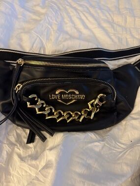 Love Moschino Black Crossbody Belt Bag with Gold Chain Detail